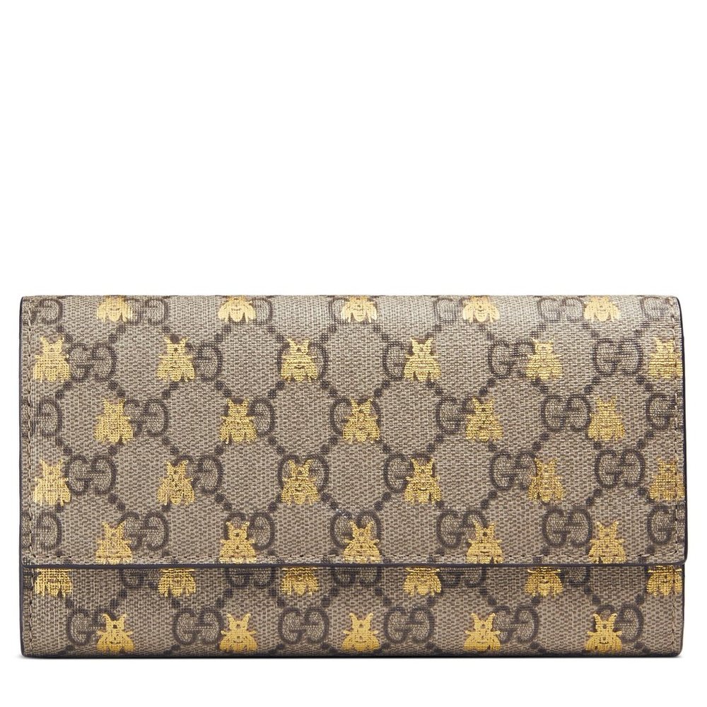 Gucci Gg Supreme Bees Flap Long Wallet in Beige NEW IN BOX